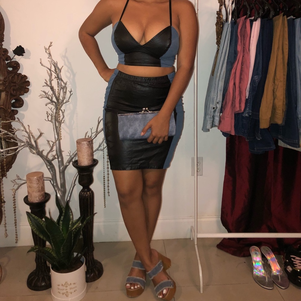 Jean & Leather Top & Skirt Set 🔥